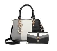 Miss Lulu Damen Handtasche Henkeltasche mehrfarbig PU Leder mit Perle und Crystal Style Drop Alltags Mode Arbeit (Schwarz Geldbörse Set)