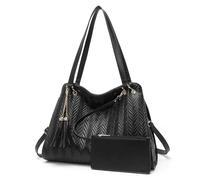 Miss Lulu Damen Handtasche Leder Henkeltasche Hobo Schultertasche, Groß Schultertasche mit Quasten Abnehmbar Schulterriemen und Flechtmuster (Schwarz)