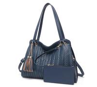Miss Lulu Damen Handtasche Leder Henkeltasche Hobo Schultertasche, Groß Schultertasche mit Quasten Abnehmbar Schulterriemen und Flechtmuster (Marineblau)