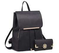 Miss Lulu Rucksack für Damen, Umhängetasche, Daypack, lässig, elegant, modisch, PU-Leder, Schwarz-graue Geldbörse, M, Retro