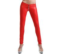 Miss Noir Damen Sexy Leggings im Wetlook Clubwear mit Zwei Wege Reißverschluss, Rot, L/XL