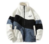 MissFox Herren Patchwork Jacke Teddy Fleece - Stehkragen Winterjacke mit Reißverschluss, Warme Sherpa Sweatjacke - Modische Oberbekleidung für den Winter