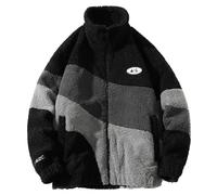 MissFox Herren Patchwork Jacke Teddy Fleece - Stehkragen Winterjacke mit Reißverschluss, Warme Sherpa Sweatjacke - Modische Oberbekleidung für den Winter