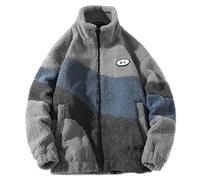 MissFox Herren Patchwork Jacke Teddy Fleece - Stehkragen Winterjacke mit Reißverschluss, Warme Sherpa Sweatjacke - Modische Oberbekleidung für den Winter