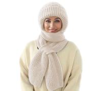MissFox Integrierter Gehörschutz Winddichte Mütze Schal - Damen 2-in-1 Wintermütze mit Kapuzenschal, Verdickt und Warm - Stilvolles Strickmützen-Set für den Winter