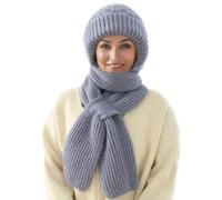 MissFox Integrierter Gehörschutz Winddichte Mütze Schal - Damen 2-in-1 Wintermütze mit Kapuzenschal, Verdickt und Warm - Stilvolles Strickmützen-Set für den Winter