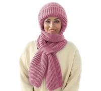 MissFox Integrierter Gehörschutz Winddichte Mütze Schal - Damen 2-in-1 Wintermütze mit Kapuzenschal, Verdickt und Warm - Stilvolles Strickmützen-Set für den Winter