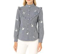 Mississhop 195 Damen Freizeit Langarm Bluse Hemdbluse gestreift Sommerbluse Hemd mit Volant und Vogel Print One Size 36 38 40 Dunkelblau