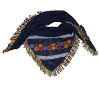 Mississhop 253 Damen Dreieckstuch XXL Schal Wendeschal Boho Strick Tuch mit bunten Fransen Blumen Glitzer Muster Zwillingsherz Dunkelblau