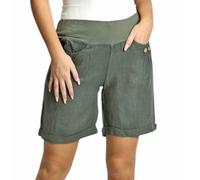 Mississhop 293 Damen Leinenshorts Bermuda lockere Kurze Hose Freizeithose 100% Leinen Shorts mit DREI Knöpfen Sommer Strand Oliv 2XL