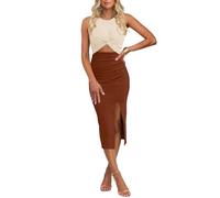 MISSJOY Cutout Kleider für Frauen Ärmellos Bodycon Hochgeschlitzt Gerippt Party Hochzeit Gast Midi Kleid zum Ausgehen Beige&Braun X- Klein