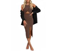 MISSJOY Damen Sommer Rundhalsausschnitt Bodycon Kleid Ärmellos Cutout Seitenschlitz Knielang Club Gestrickte Midikleider Klein Braun