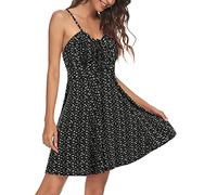 Missufe Blumenkleid Sommerkleid Spaghettiträger Swing Freizeitkleid Damen Cami Kleider (schwarz, groß)