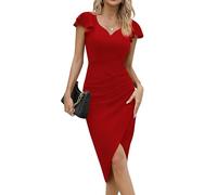 Missufe Cocktailkleid Wickelkleid Elegant Bodycon Midikleid Damen Partykleid Sommerkleid Vintage Rüschenkleid Kleider (Rot, X-klein)