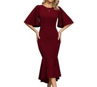 Missufe Damen Abendkleid Cocktail Festlich Meerjungfrau Bodycon Rundhalsausschnitt Ausgestelltes Kurzarm Figurbetont Midi Ballkleid (Burgunderrot, X-Klien)
