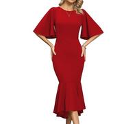 Missufe Damen Abendkleid Cocktail Festlich Meerjungfrau Bodycon Rundhalsausschnitt Ausgestelltes Kurzarm Figurbetont Midi Ballkleid (Rot, X-groß)