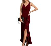 Missufe Damen Abendkleider Wickel V-Ausschnitt Ärmellos Maxikleid Rüschen Schlitz Bodycon Cocktailkleid (Burgunderrot, Groß)