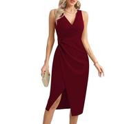 Missufe Damen Cocktailkleid Wickelkleid Partykleid Abendkleid Elegant Bodycon V-Ausschnitt Midikleid mit Schlitz Figurbetontes Ärmellos Hochzeit Festlich Twist Kleider (Weinrot, XL)
