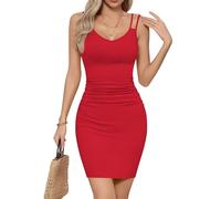 Missufe Damen Sommerkleid Minikleid Bodycon Trägerkleid Enges Ärmellos Spaghettiträger V-Ausschnitt Figurbetontes Plisseekleid Bleistiftkleid (Rot, XL)