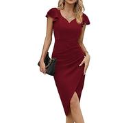 Missufe Elegant Cocktailkleid Bodycon Wickelkleid Midikleid Damen Partykleid Sommerkleid Vintage Rüschenkleid Kleider (Burgunderrot, groß)