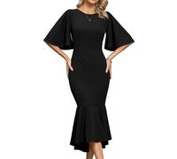 Missufe Rundhalsausschnitt Ausgestelltes Kurzarm Figurbetont Ballkleid Damen Cocktail Festlich Meerjungfrau Bodycon Midi Abendkleid (Schwarz, Klein)