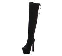 MISSUIT Damen Extrem Plateau High Heels Overkneestiefel mit Blockabsatz und Schnürung Reißverschluss Hohe Stiefel