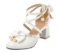 MISSUIT Damen High Heels Knöchelriemchen Blockabsatz Pumps mit Riemchen und Schleife Cross Strap Rockabilly Schuhe(Weiß,37)