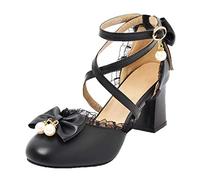 MISSUIT Damen High Heels Knöchelriemchen Blockabsatz Pumps mit Riemchen und Schleife Cross Strap Rockabilly Schuhe(Schwarz,39)