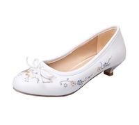 MISSUIT Damen Kitten Heels Pumps Kleiner Absatz Rockabilly Round Toe Schuhe mit Schleife und Stickerei Blumen(Weiß,39)