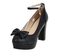 MISSUIT Damen Knöchelriemchen Plateau Pumps mit Schleife und Riemchen High Heels Blockabsatz Pumps Rockabilly(Schwarz,35)