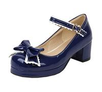MISSUIT Damen Lack Mary Jane Blockabsatz Pumps mit Plateau Riemchen Schleife Geschlossen Rockabilly Schuhe(Blau,38)