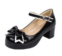 MISSUIT Damen Lack Mary Jane Blockabsatz Pumps mit Plateau Riemchen Schleife Geschlossen Rockabilly Schuhe(Schwarz,37)