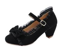 MISSUIT Damen Mary Jane Pumps Blockabsatz mit Riemchen und Schleife Lace Rockabilly Round Toe Schuhe(Schwarz,42)