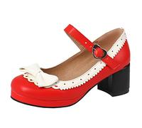 MISSUIT Damen Mary Jane Pumps mit Blockabsatz und Schleife 5cm Absatz Geschlossen Rockabilly Schuhe（Rot,39