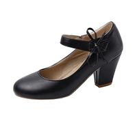 MISSUIT Damen Mary Jane Riemchen Pumps High Heels Blockabsatz Rockabilly Chunky Heels Pumps mit Klettverschluss und Schleife(Schwarz,46)