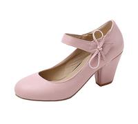 MISSUIT Damen Mary Jane Riemchen Pumps High Heels Blockabsatz Rockabilly Chunky Heels Pumps mit Klettverschluss und Schleife(Pink,41)