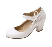 MISSUIT Damen Mary Jane Riemchen Pumps High Heels Blockabsatz Rockabilly Chunky Heels Pumps mit Klettverschluss und Schleife(Weiß,40)