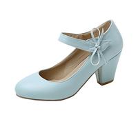 MISSUIT Damen Mary Jane Riemchen Pumps High Heels Blockabsatz Rockabilly Chunky Heels Pumps mit Klettverschluss und Schleife(Blau,41)