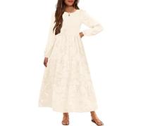 MITILLY Langärmeliges Kleid für Mädchen, Boho-Blume, A-Linie, Rüschen, gestuft, fließend, Maxikleider für Hochzeit, Party, 6-12 Jahre, Aprikose, 140