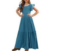 MITILLY Maxikleid für Mädchen, Spitze, Blume, Rüschenärmel, A-Linie, Swing, Hochzeit, Party, Maxikleid mit Taschen, 11 Blaugrün, 128