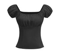 Mittelalter Bluse Damen Kurzarm Trachtenmieder Trachtenblusen Unterbrust Korsett Renaissance Trachtenbluse Viktorianische Rüschenbluse Schulterfrei Gesmokte Shirt Bierbekleidung (Schwarz,M)