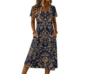 Mittelalter Kleidung Damen, Kleid Damen Kurzarm Sommer Abendkleider Elegant Für Hochzeit Freizeitkleid Polka Dot Rundhals Sommerkleid Kleider Lockere Casual Boho Mit Seitentaschen (3-Marine, XXL)