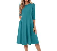 Mittelalter Kleidung Damen,Kleid Damen Kurzarm Sommer Leinenkleid Sommer Elegant Freizeitkleid Wickelkleid Rundhals 3/4 Ärmel Sommerkleid Midikleid Lose A-Linie Kleider Mit Tasche Leichtes(1-Türkis,S)