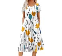 Mittelalter Kleidung Damen,Kleid Damen Kurzarm Sommer Rockabilly Kleider Midikleid Locker Blumendruck Sommerkleider Shirtkleid Mit Taschen Casual Strandkleid Klassiker Beuqem Freizeitkleider(Weiß,S)