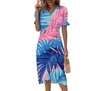 Mittelalter Kleidung Damen,Kleid Damen Kurzarm Sommer Shirtkleid Sommerkleid V-Ausschnitt Wickelkleid Elegant Sommer Strandkleid Midikleid Blumendruck Sommerkleider Cocktailkleid Knopf (2-Blau,M)