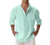 Mittelalter Kleidung Herren Hemd Leinen Stehkragenhemd Freizeithemden Männer Leinen Freizeithemd Baumwollhemd Casual Leichtes Langarm Leinen-Shirt Sommerhemd Hoodie Grün 4XL
