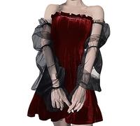 Mittelalter Kleidung Kostüm Sexy Durchsichtiges Mesh-Puffärmel-Plisseekleid für Damen Kurzarm Frauen Midi Trachtenkleid mit hoher Taille Neckholder-Wickelkleid Trachtenkleid Trachtenmode Kleidung