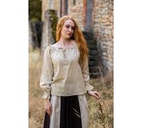 Leonardo Carbone® Damen Bluse Mittelalterbluse Edith | Offenschulterig | Rüschenärmel | Karneval, Halloween, Cosplay, LARP, Kostüm, Mittelalter, Festkleidung | 100% Baumwolle Hanf L