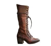 Mittelalterliche Cosplay Stiefel - PU Leder High-Heeled Schnürsenkel Stiefel - Mid-Calf Knie Länge Festival LARP Schuhe für Cosplay, Braun, 40