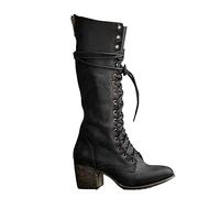 Mittelalterliche Cosplay Stiefel - PU Leder High-Heeled Schuhe - Mid-Calf Knie Länge Schnürsenkel Festival LARP für Cosplay, Schwarz, 43